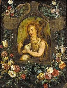 Saint John the Baptist in a niche surrounded by roses, tulips and other flowers by Daniel Seghers