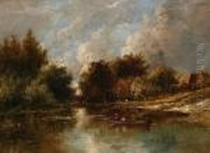 River Landscape With Figures In A Boat
