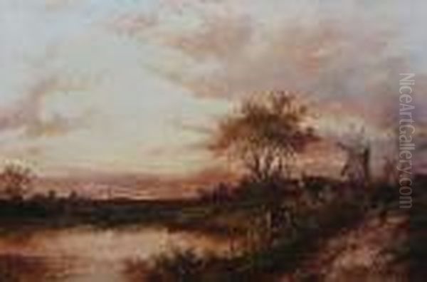 Figures Near A Riverside Windmill At Sunset - view 1