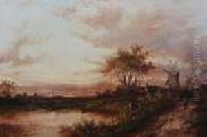 Figures Near A Riverside Windmill At Sunset by Joseph Thors