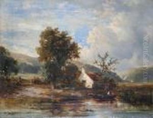 A Riverside Cottage In A Landscape, With Man In A Boat Before by Joseph Thors