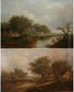Figures On A Track Beside A Cottage And Figures On A Boat On A River Beside A Cottage by Joseph Thors