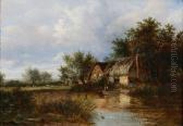 Angler Fishing From A Punt By A Riverside Cottage - view 1