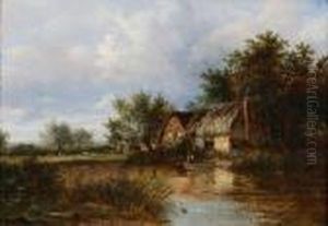 Angler Fishing From A Punt By A Riverside Cottage Angler Fishing From A Punt By A Riverside Cottage