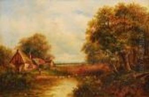 Cottages By A Lake With Figures And Geese