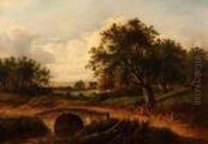 Landscape With Bridge Over River And Figures And Cottage In Distance by Joseph Thors