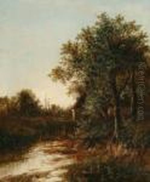 Village Pond, Church Tower In The Distance by Joseph Thors
