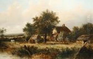 Thatched Cottage In A Country Landscape, Near Godalming, Surrey by Joseph Thors