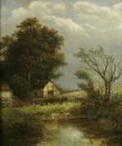Rural Landscape With A Cottage And A Woman Feeding Chickens