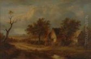 Girl Feeding Chickens Before A Thatched Cottage by Joseph Thors
