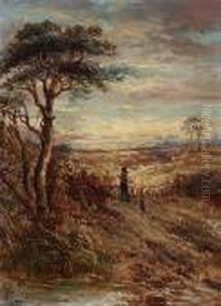Moonlit Windmill By A River; Herder And Flockon A Country Track by Joseph Thors