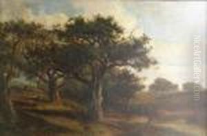 Figures Gathering Acorns In A Wooded River Landscape