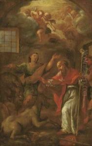 A Bishop Saint in a stable