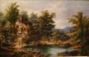 A Pastoral Landscape With A
Woman And Children Feeding Ducks At Aduck Pond, And A Man Standing At A
Stile by Joseph Thors