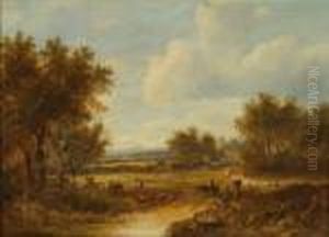 Summerlandscape With Field 
Workers And Sheep By A Meandering River, Oilon Canvas, Signed Lower 
Right, 26cms X 35.5cms. Seeillustration