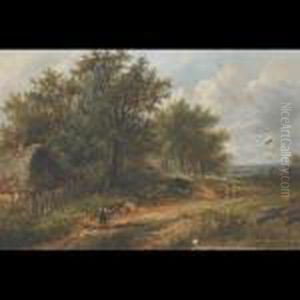 Wayfarer, Shepherd And Flock On A Country Lane by Joseph Thors