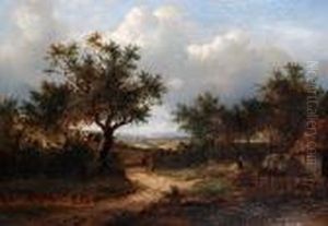 An Extensive Wooded Landscape With Figures On A Track By A Farmyard