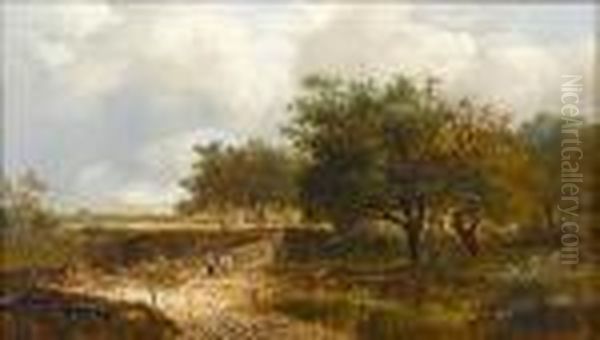 Shepherd And Flock On A Path; Figures On A Path By A Pond - view 1