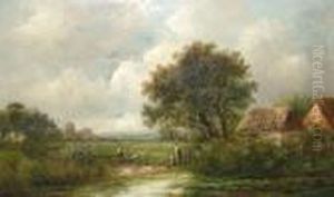 Figures By A Stream With Cottages And Woodland