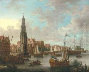 A view of the IJ, Amsterdam with the Haringpakkerstoren by Jacobus Storck