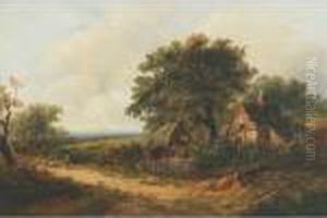 A Drover And Flock Outside A Thatched Cottage