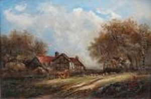 Drover And Sheep By A Farmstead