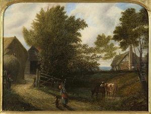 Rural Scene With Farmstead, Cattle And Figures Carrying Firewood by Joseph Thors