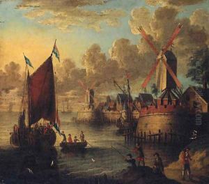 Figures boarding a smalschip in a port with fishermen on the shore