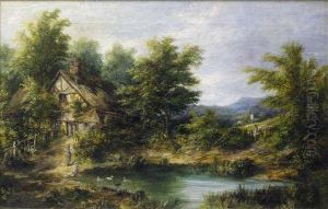A Cottage And Figures Beside A Pond