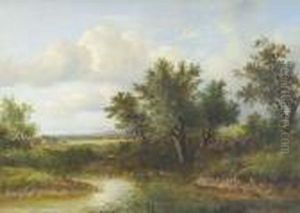 Children Fishing Beside A Pond 
With Ducks Nearby And An Extensive Landscape Beyond Signed, Also 
Inscribed With The Artist's Name On The Frame