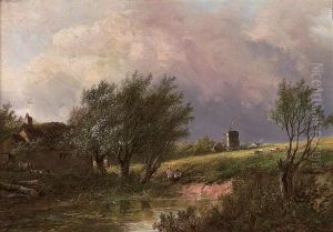 Figures And Cottage Beside A Pool, A Windmill Beyond by Joseph Thors