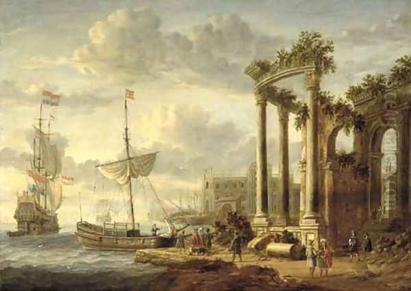 A Mediterranean harbour with a capriccio of classical ruins and a palace with a Dutch man-o'war and other shipping - view 1