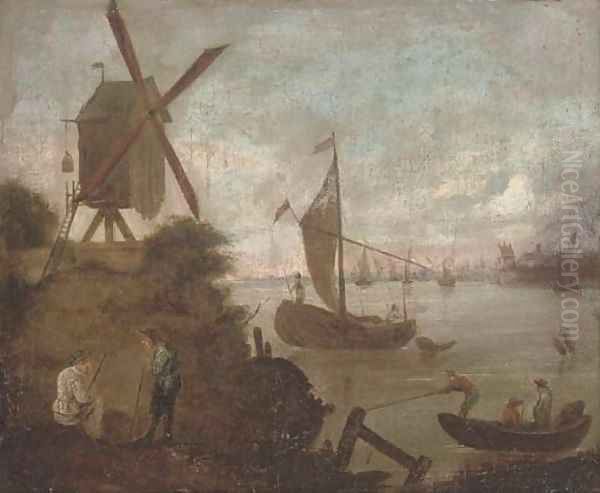 A river landscape with figures and boats by a windmill - view 1