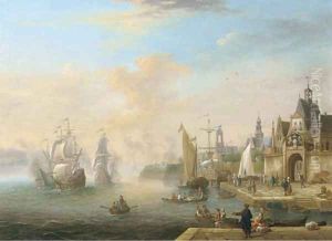 Men o'wars firing at a fortified town, with figures on a quay near a gate