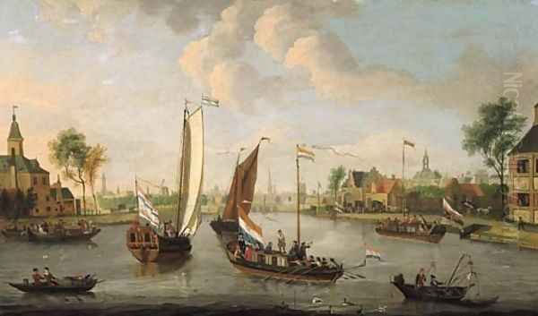 Yachts on the Buiten Amstel, Amsterdam, with the spires of the Zuider- and Oude Kerk beyond - view 1