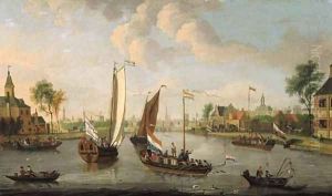 Yachts on the Buiten Amstel, Amsterdam, with the spires of the Zuider- and Oude Kerk beyond by Jacobus Storck