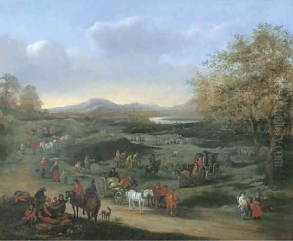 An extensive landscape with travellers on a road, other figures beyond - view 1