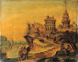 Elegant travellers on a path by a castle by Mathys Schoevaerdts