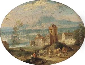 A river landscape with peasants resting on a river bank; and A river landscape with a drover and his cattle on a track by Mathys Schoevaerdts