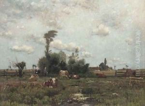 Cattle in a farm landscape by Barbizon School