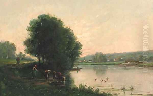 A Summer river landscape with cattle at a riverbank - view 1