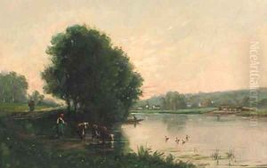 A Summer river landscape with cattle at a riverbank by Barbizon School