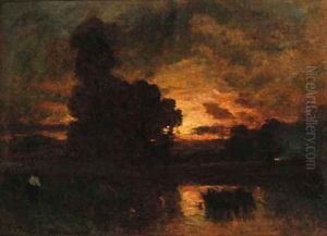 The sun setting on a lake landscape by Barbizon School