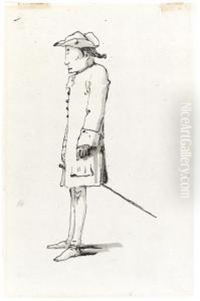 Caricature Of A Standing Man Wearing A Tricorn And A Sword, Seen In Profile - view 1