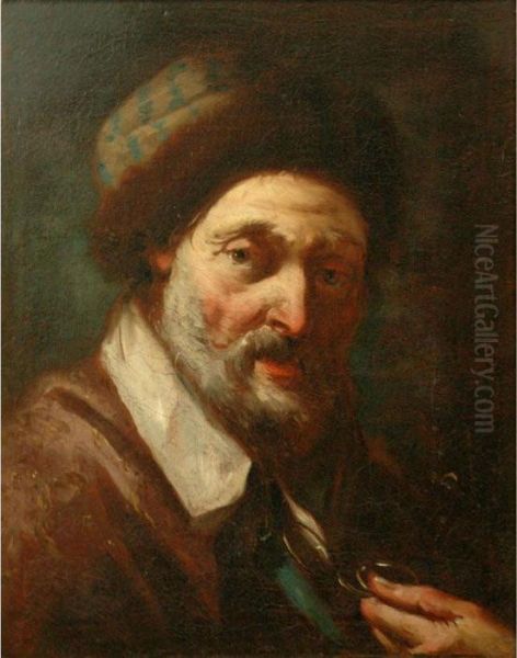 Head Of An Old Man Holding A Pair Of Eyeglasses - view 1