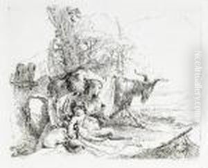 Capricci: Woman, Satyr, Child And Goat In A Landscape by Giovanni Battista Tiepolo