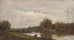 Washerwomen on the banks of a river