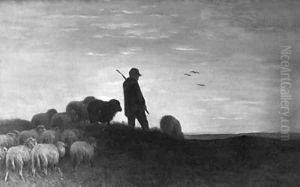 A shepherd in a landscape at dusk by Pieter Stortenbeker