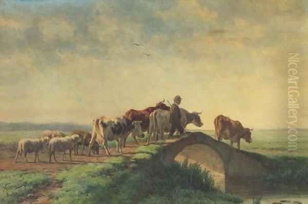 A herdsman with flock crossing a ditch - view 1
