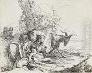 Woman, Satyr Child And Goat In A Landscape by Giovanni Battista Tiepolo